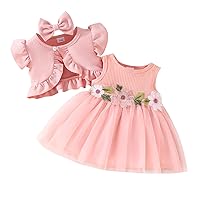 ODASDO Baby Girl's Flower Embroidery Tutu Dress with Bolero Shrug Bowknot Headband 3pcs Set Toddler Spring Summer Outfits