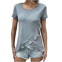 Womens Casual T Shirts Summer Short Sleeve Tops Solid Color Round Neck Tees Slim-Fit Slit Hem Pullover Blouse
