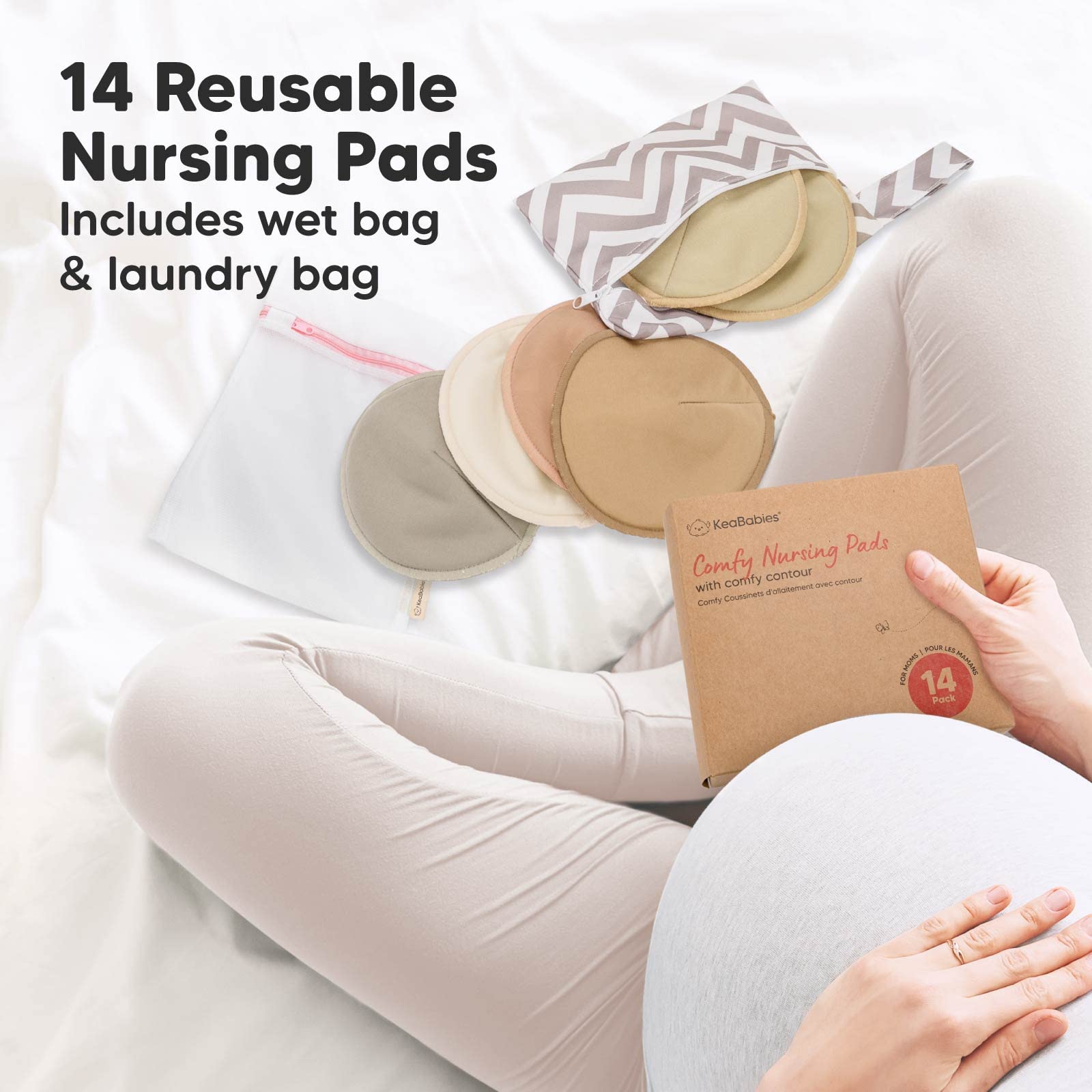Organic Bamboo Nursing Pads - 14 Washable Breastfeeding Pads, Wash Bag, Reusable Breast Pads for Breastfeeding, Nipple Pads for Breastfeeding, Breastfeeding Essentials (Earth, L 4.8