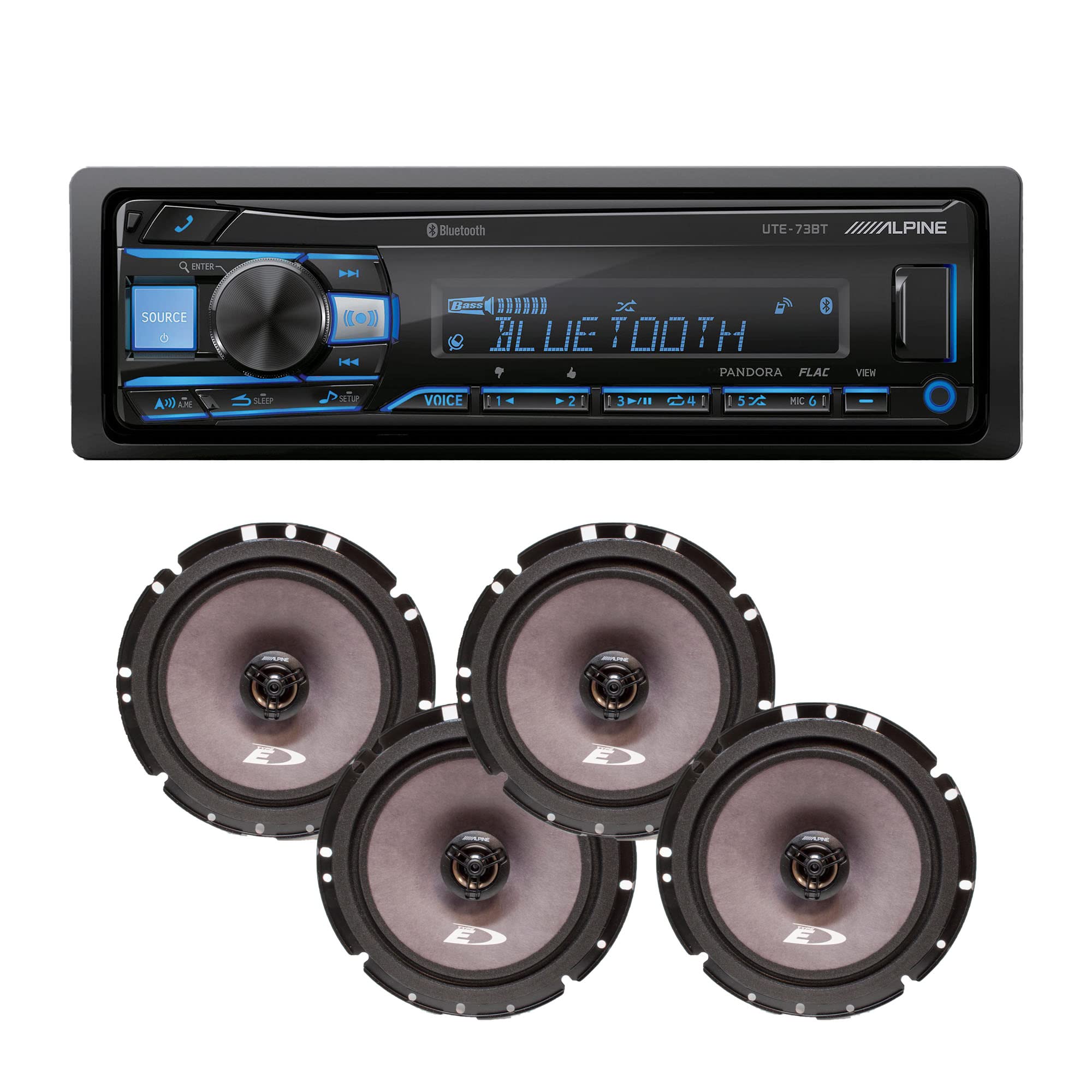 Alpine UTE-73BT Bluetooth Car Stereo with 4 SXE-1726S 220W Coaxial Speakers. No-CD Mechless Digital Media Receiver Head Unit