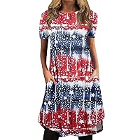 Summer Dresses Womens Independence Day Short Sleeve Crew Neck Flag Stars Graphic 4Th of July Casual Dress with Pocket