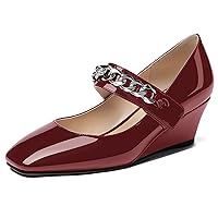 WAYDERNS Women's Slip-on Patent Lace Up Metal Chain Square Toe Mary Jane Wedge Low Heel Pumps Shoes 2 Inch