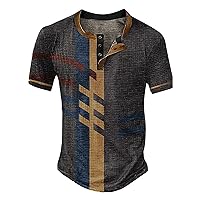 V Neck Patchwork Henley T Shirts for Men Summer Casual Contrast Waffle Knit Tops Vintage Printed Short Sleeve Beach Tees