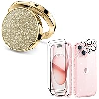 MIODIK Bundle - for iPhone 15 Case Clear Glitter (Pink) + Phone Ring Holder (Gold), with 2Pcs Screen Protector & 2Pcs Camera Lens Protector, Protective Shockproof for Women