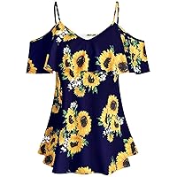 Summer Womens Sunflower T-Shirt Casual Fashion Sexy Camis Tops Ruffles Sleeve Vneck Tunic Comfy Soft Loose Blouse Tee, A01blue, Large