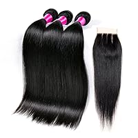 Peruvian Straight Hair 3 Bundles With Closure Unprocessed Virgin Human Hair Bundles With Lace Closure Free Part 8A Hair Extensions Queen Plus Hair (28 28 28 with 20inch, three part)