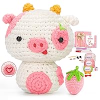 Crochet Kit for Beginners, Crochet Animal Kit with Step-by-Step Video Tutorials, Knitting Starter Kit with 40%+ Pre-Started Yarn Content, Crochet Gifts Mushroom Strawberry Cow