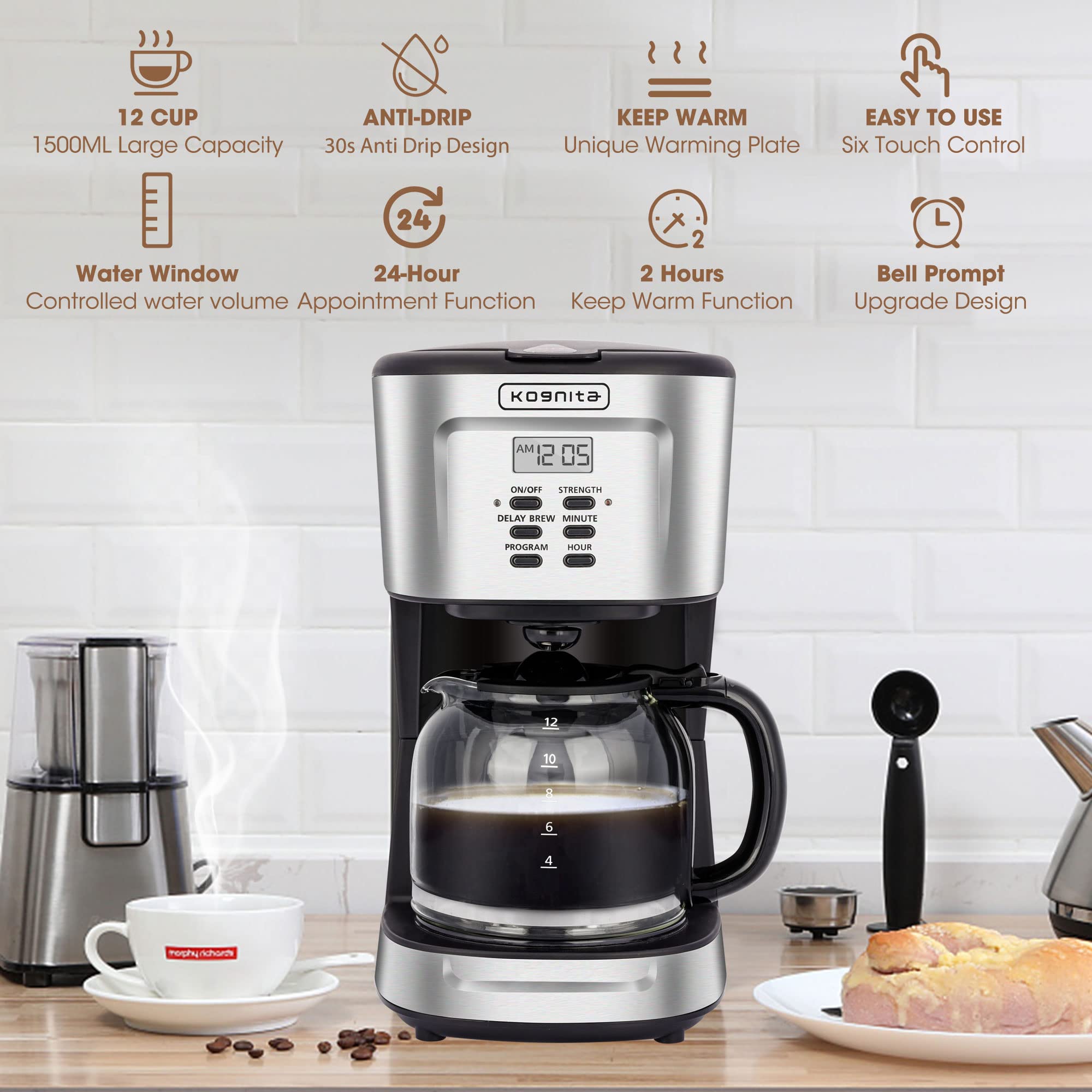 Kognita 12 Cup Coffee Maker, Programmable Small Coffee Maker with Glass Carafe and Filter, Dirp Coffee Maker Coffee Pot Machine, Keep Warm, Brew Strength Control, 900W Fast Brew Auto Shut Off, Stainless Steel