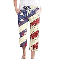 Daily Casual Capri Pants Women Stars Stripes Loose Fit Beach Pants Summer Drawstring Waist 4th of July Crop Trousers