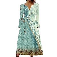 Women's 2023 Fall Plus Size Long Sleeve 1/4 Button V Neck Smocked Boho Floral Midi Dress with Pockets