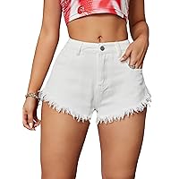 Verdusa Women's Casual High Elastic Waist Raw Hem Zipper Mini Denim Shorts with Pockets