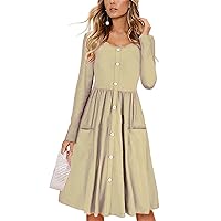 Andongnywell Women's Dresses Summer Long Sleeve Button Down Swing Midi Dress with Pockets