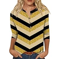 3/4 Sleeve Tops for Women,Vintage Striped Printed Henley Women's T Shirts Casual Fitted Womens New Years Eve Tops