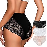 Women Hipster Underwear High Wasited Lace Panties Breathable Ladies Briefs, 3 Pack