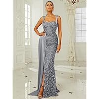 Fall Dresses for Women 2022 Contrast Sequins Draped Side Split Thigh Cami Dress (Color : Gray, Size : Small)