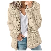 Women's Faux Fur Fleece Fluffy Coat Zip Up Drawstring Long Sleeve Fuzzy Jacket with Hood 2023 Winter Warm Outerwear