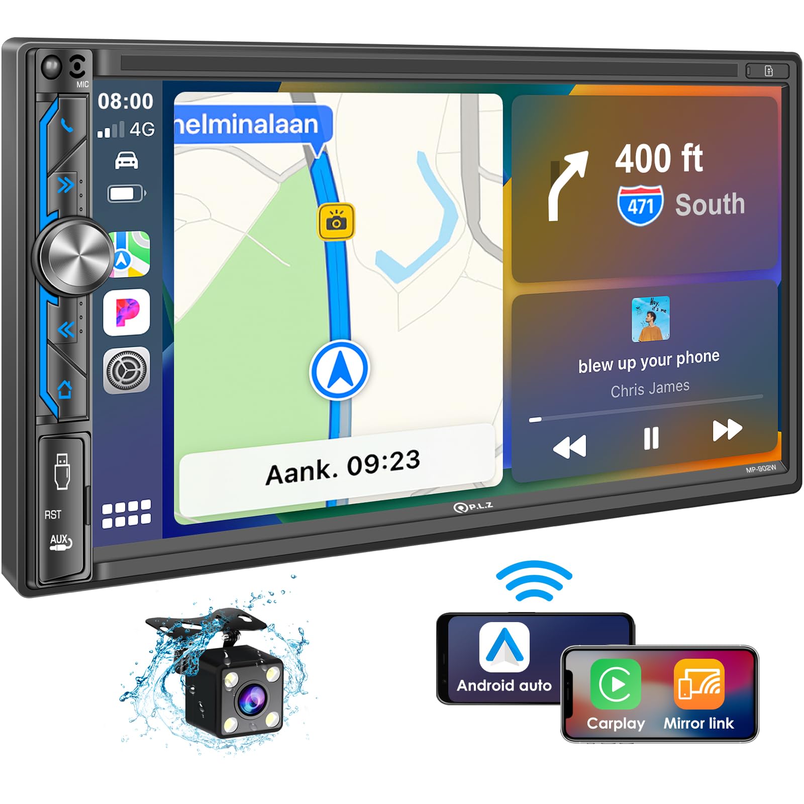 PLZ Double Din Car Stereo with Wireless Apple Carplay Android Auto Touch Screen 7 Inch HD Touchscreen Audio Receiver Bluetooth Mirror Link Backup Camera Steering Wheel USB/SD/FM Frame Harness Brackets