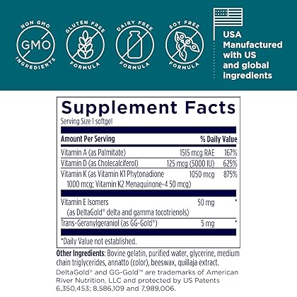 Designs for Health ADK Evail - 5000 IU Vit D3 with Vitamins A, E (Annatto Gamma Delta Tocotrienols), K (K1 + K2) - Fat Soluble Vitamin D Complex - Bone + Immune Support - Non-GMO (60 Softgels)