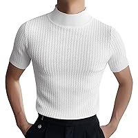 Mens Slim Fit Casual Turtleneck Knitted T Shirts Short Sleeve Twist Patterned Knit Shirts Summer Solid Stretch Pullover