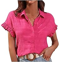 Women's Lapel Collar Button Down Blouses Ruffle Trim Short Sleeve Fashion Tops Summer Casual Loose Fit Dressy T-Shirts