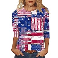 Women's Blouses 3/4 Sleeve Summer 4Th of July Plus Size Tops American Flag Graphic Tees Trendy Crew Neck T Shirts