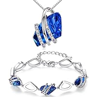 Wish Stone Necklace and Bracelet Jewelry Set for Women, September Birthstone Sapphire Blue Crystal Jewelry, Silver Tone Gifts for Women