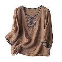 Floral Embroidered Cotton Linen Tops for Women, Women's Casual Crewneck Blouses Fashion Loose Lightweight Short Sleeve Shirts