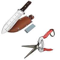 gonicc Professional Hori Hori Garden Knife with Leather Sheath and Micro-Tip Pruning Snip (GPPS-1008), Protective Handguard, High polished 440 Stainless Steel Blade, Sharpening Stone Included.
