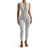 SUUKSESS Women Ribbed Seamless One Piece Jumpsuits Zip Up Sexy Bodycon Romper
