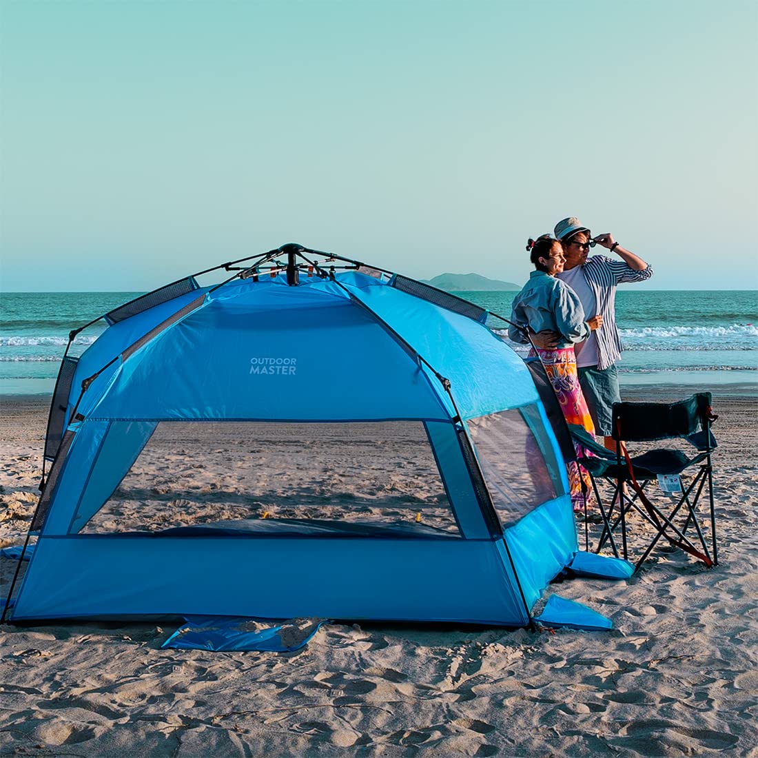 OutdoorMaster Pop Up Beach Tent for 4 Person - Easy Setup and Portable Beach Shade Sun Shelter Canopy with UPF 50+ UV Protection Removable Skylight Family Size - Blue