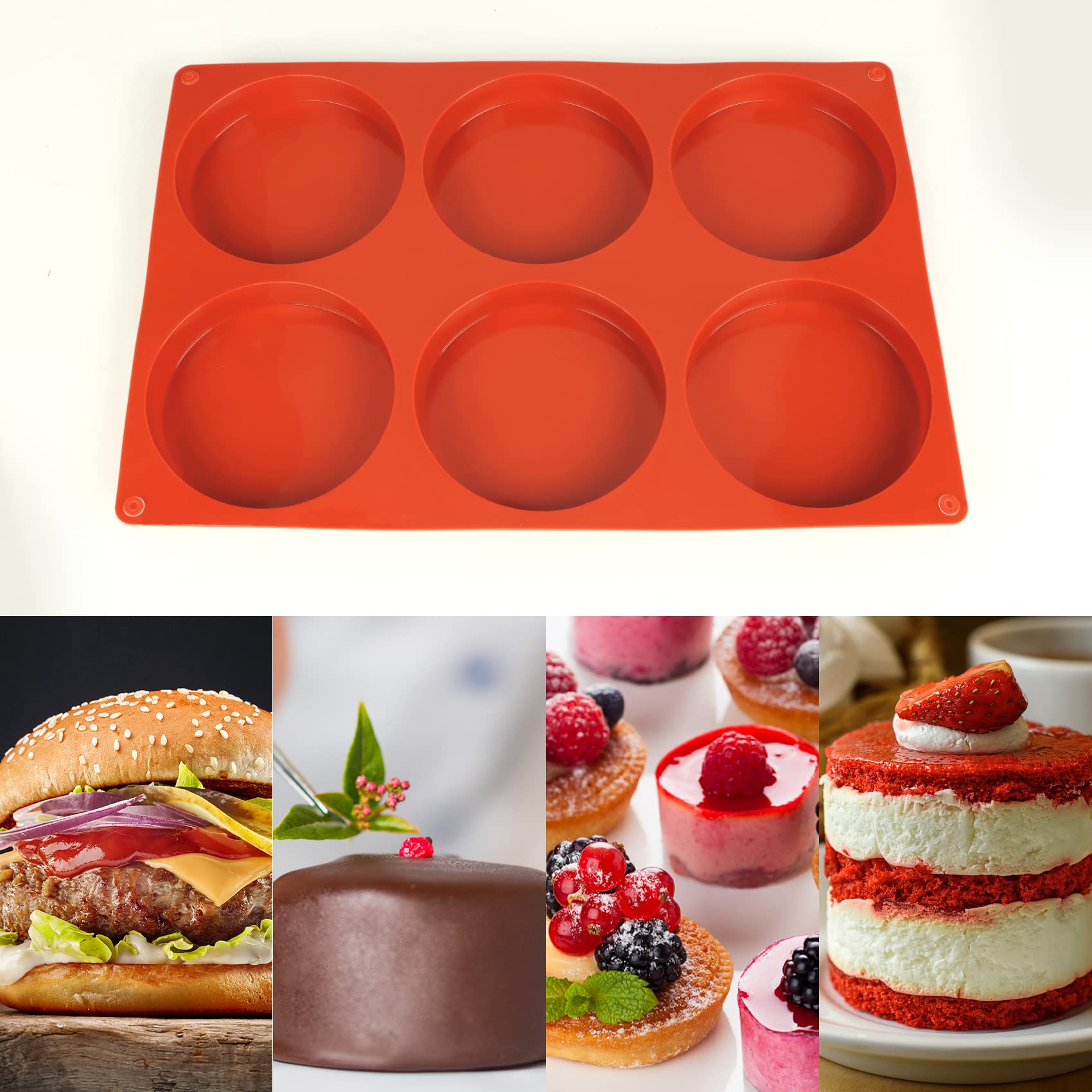 2 Pcs Large Silicone Molds for Baking, 6-Cavity Round Silicone Baking Mold, Non-Stick 4” Baking Disc Molds for Whoopie Pie, Egg Pan,Muffin, Candy, Soap, Hamburger, Resin Coasters (Red)