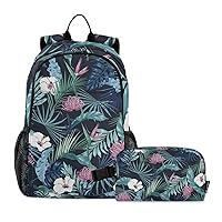 Kids School Backpack with Lunch Box, Dark-tropical-flower-pattern Elementary BookBag Set for Girls Boy