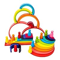 Wooden Rianbow Stacker Playset, 4-in-1 Rainbow Stacking Toys Building Blocks for Kids Ages 3 4 5 Preschool Montessori Toys Christmas Birthday Gifts for Toddlers Boys Girls 3-5 (45 Pieces)