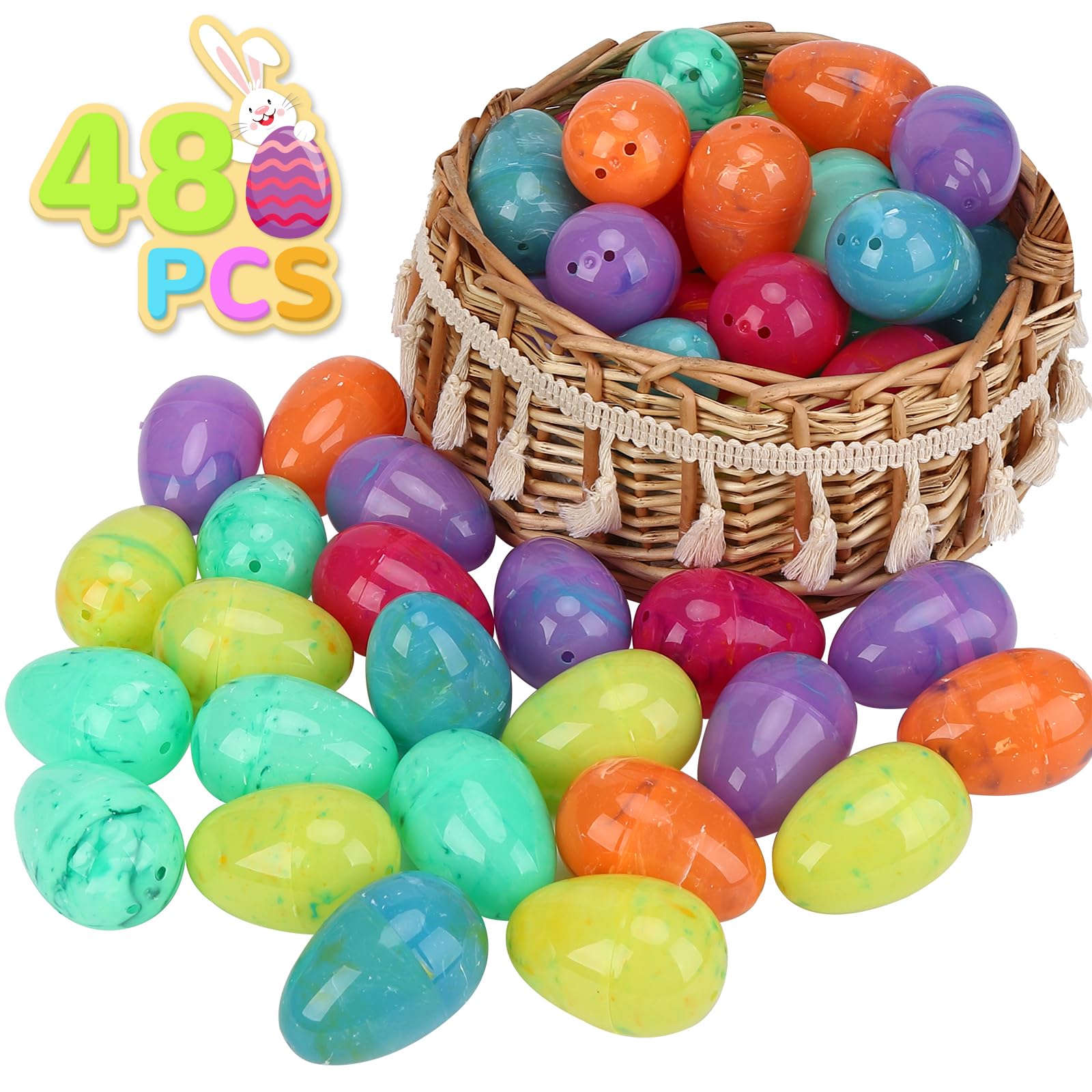 48pcs Easter Printed Plastic Marble Eggs Basket Stuffer for Easter Egg Hunt Event, Party Favor Goodie Bags, Scene and Decoration, School Party Favor Packs and Classroom Rewards (Marbled Eggs)