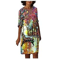 Women's V-Neck Trendy Glamorous Dress Casual Loose-Fitting Summer Swing Print Flowy Beach Short Sleeve Knee Length