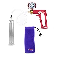 LeLuv Penis Pump Maxi Red Handle + Protected Gauge and Clear Hose - 9 inch Length x 1.75 inch Diameter Cylinder