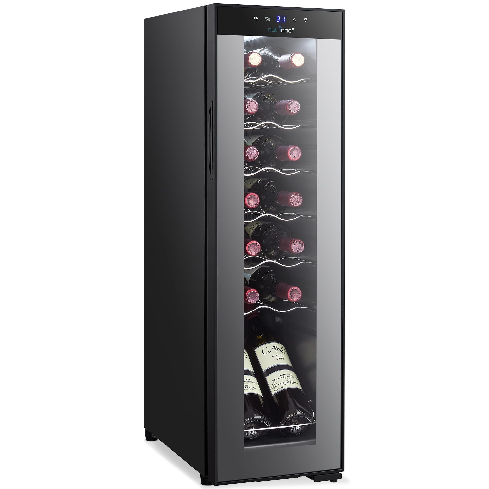 NutriChef PKCWC140 Chilling Refrigerator Cellar-Single-Zone Wine Cooler/Chiller, Digital Touch Button Control with Air Tight Seal, Contains Placement for Standing (14 Bottle Storage Capacity), Black
