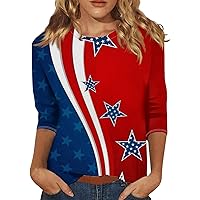 Womens American Flag Patriotic 3/4 Sleeve Shirt 4Th of July Independence Day Crewneck Cute Festival Tops