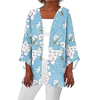 Long Sleeve Kimono for Women Casual Duster 3/4 Sleeve Jackets Retro Print Cardigans Lightweight Blouse Tops Coat White Legging Life Jacket Toddler（4-Sky Blue,X-Large）