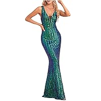Sequin Prom Dresses for Women Spaghetti Strap Long Sparkly Bodycon Mermaid Evening Gowns Formal Wedding Guest Dress
