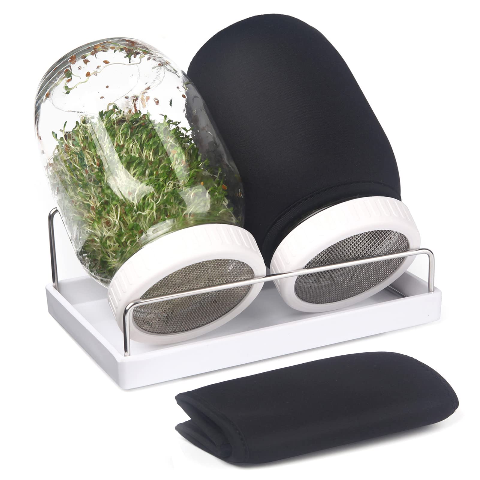 Complete Sprouting Jar Kit| 2 Wide Mouth Mason Jars, 316 Screen Sprout Lids, Blackout Sleeves, Tray, Stand| Sprouter Set for Growing Broccoli, Alfalfa and More-Seeds not Included