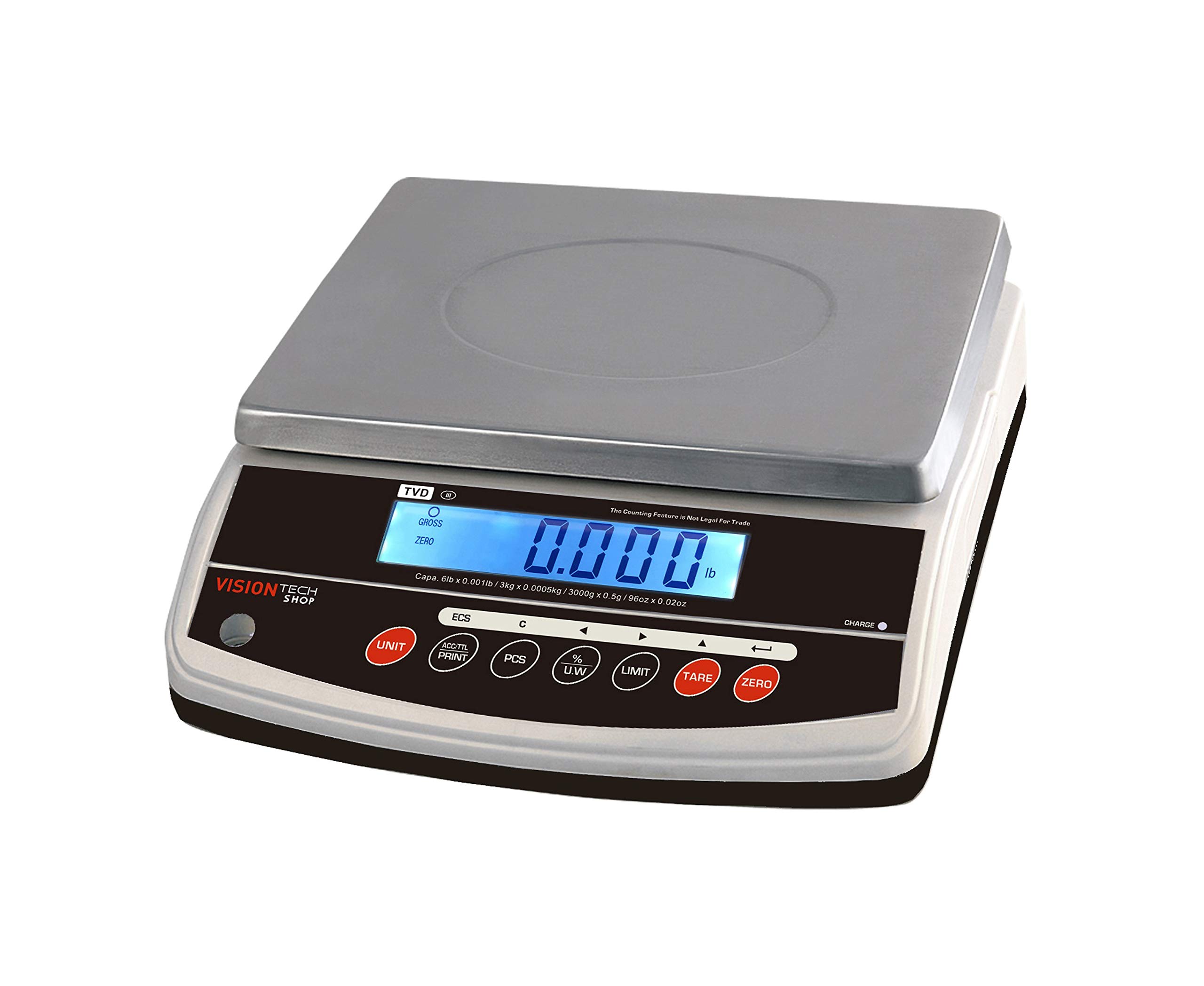 VisionTechShop TVD-6 Digital Bench and Counter Scale, Lb/Oz/Kg/g Switchable, 6lb Capacity, 0.001lb Readability, Counting and Percentage Mode, Singl...
