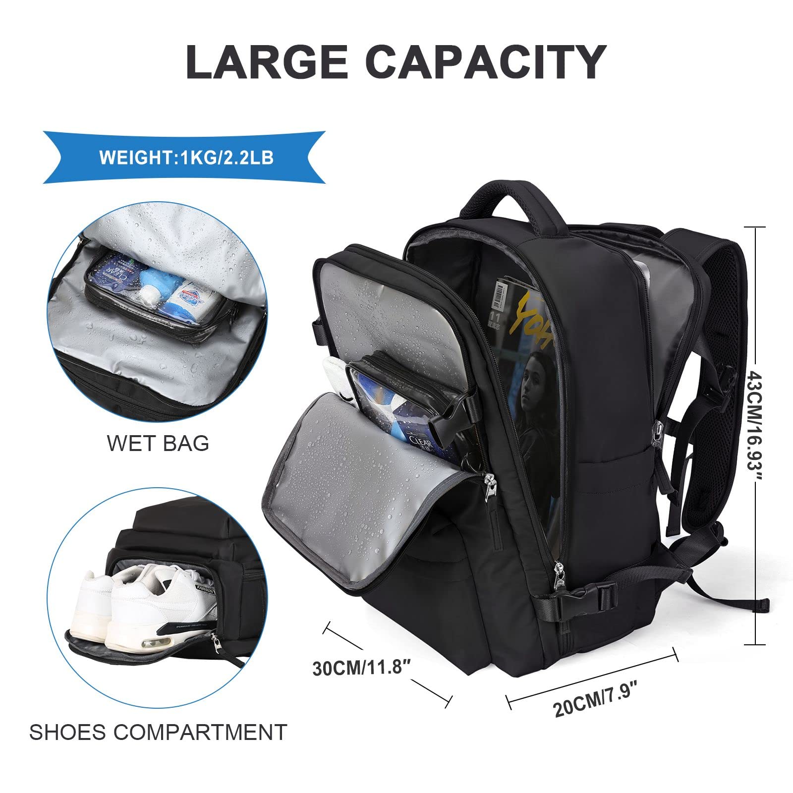 Large Travel Backpack Women, Carry On Backpack,Hiking Backpack Waterproof Outdoor Sports Rucksack Casual Daypack Fit 14 Inch Laptop with USB Charging Port Shoes Compartment, Black