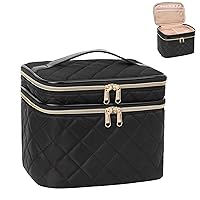 Travel Makeup Bag Organizer, Large Make Up Bag for Women, Double Layer Cosmetic Bag with Removable Dividers, Portable Makeup Case Storage, Black