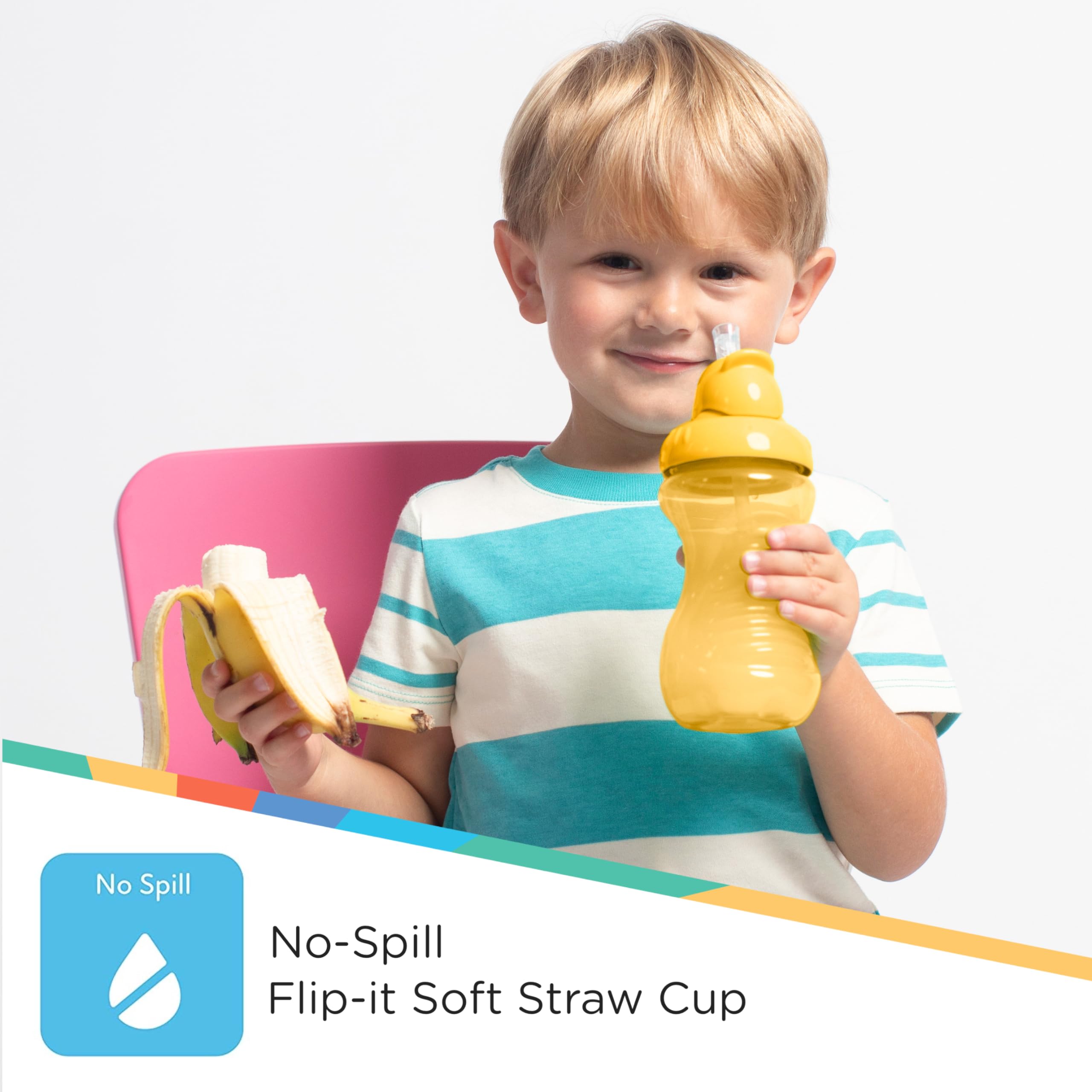 Nuby 3-Pack No-Spill Flip-It Soft Straw Cups, 10oz, 3 PK - Aqua, Coral, Yellow
