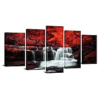 LevvArts Black White and Red Wall Art 5 Pieces Red Tree Forest Waterfall Picture Canvas Print Autumn Landscape Paintings Framed for Office Home Living Room Decor Ready to Hang