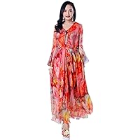MedeShe Women's Bell Sleeve Flowy Chiffon Maxi Dress Holiday Beach Floral Sundress