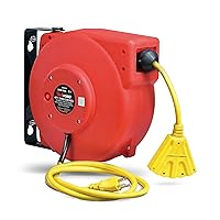 ReelWorks Retractable Extension Cord Reel Polypropylene 12AWG x 40' Foot Industrial Commercial Grade 3C SJT Cable Triple Tap Connector 15A 125VAC 1875W 60Hz Current Interrupter Best for Indoor Use
