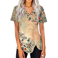 Womens Tops Casual Spring Summer Tshirts 2024 Short Sleeve V Neck Vacation Tunic Tee Trendy Outfits Beige