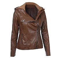 Women’s Brown Biker Genuine Sheepskin Hooded Scooter Style Slim Fit Asymmetric Leather Jacket